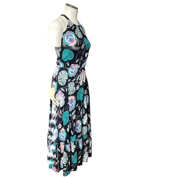 Cynthia Rowley Black Floral Halter Midi Dress Pockets Ruffle Hem Sz S #196i - Picture 3 of 7